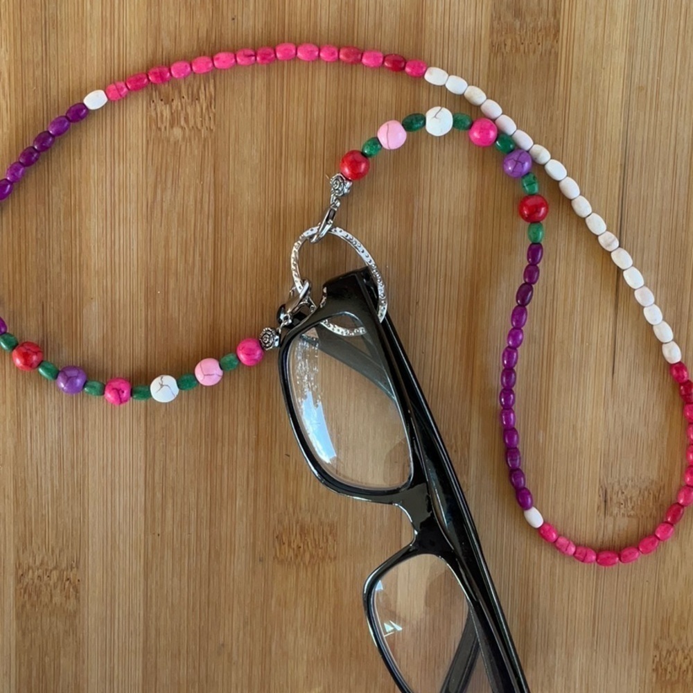 Hand Crafted Eyeglass Face Mask Holder Beaded Pink Purple White Green Silver